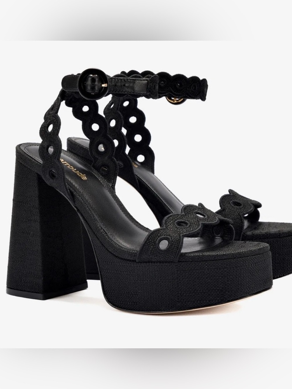 Larroude Dolly Broderie Sandal in Black Raffia